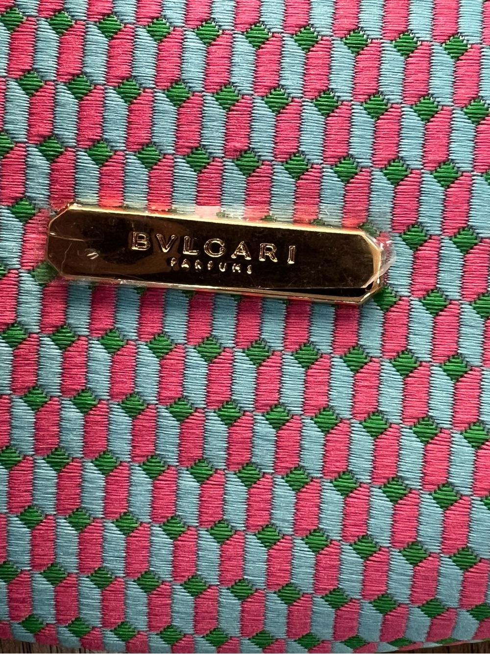 Bulgari Pink, Turquoise & Green Geometric Pouch with Gold Plaque - Picture 2 of 5